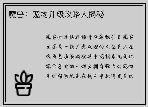 魔兽：宠物升级攻略大揭秘